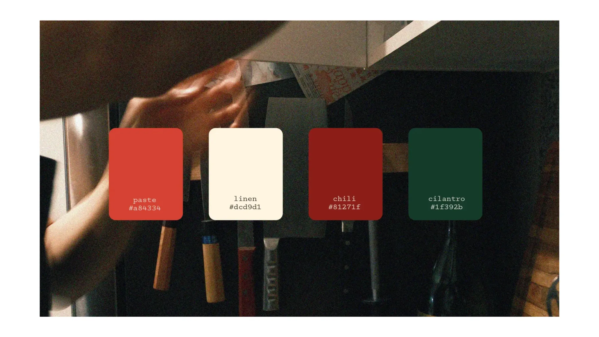Casa Wong brand palette, paste, linen, chili, and cilantro