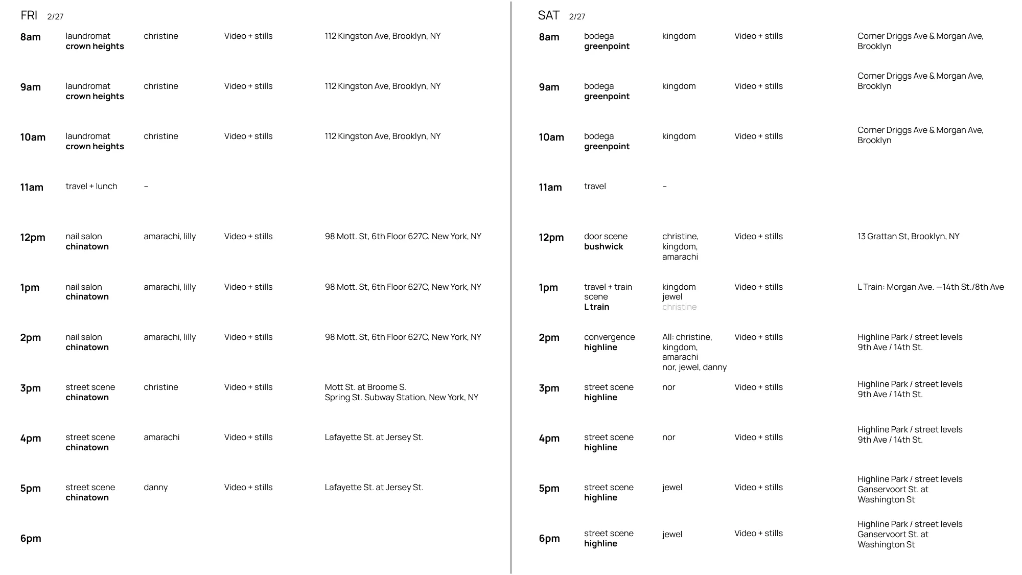 Hour by hour two day production schedule across ten locations
