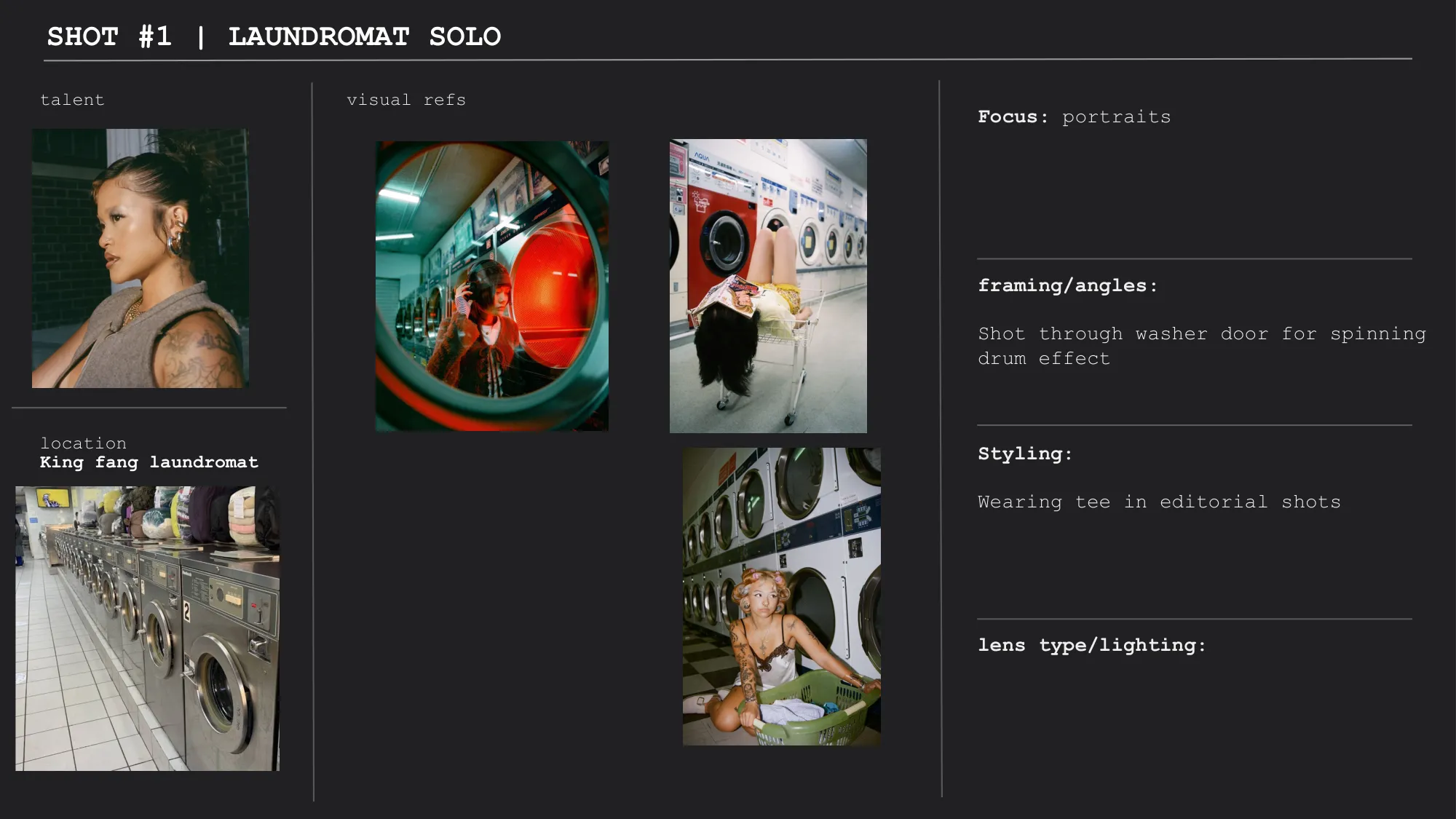 Numbered shot card with talent, location, visual references, and focus