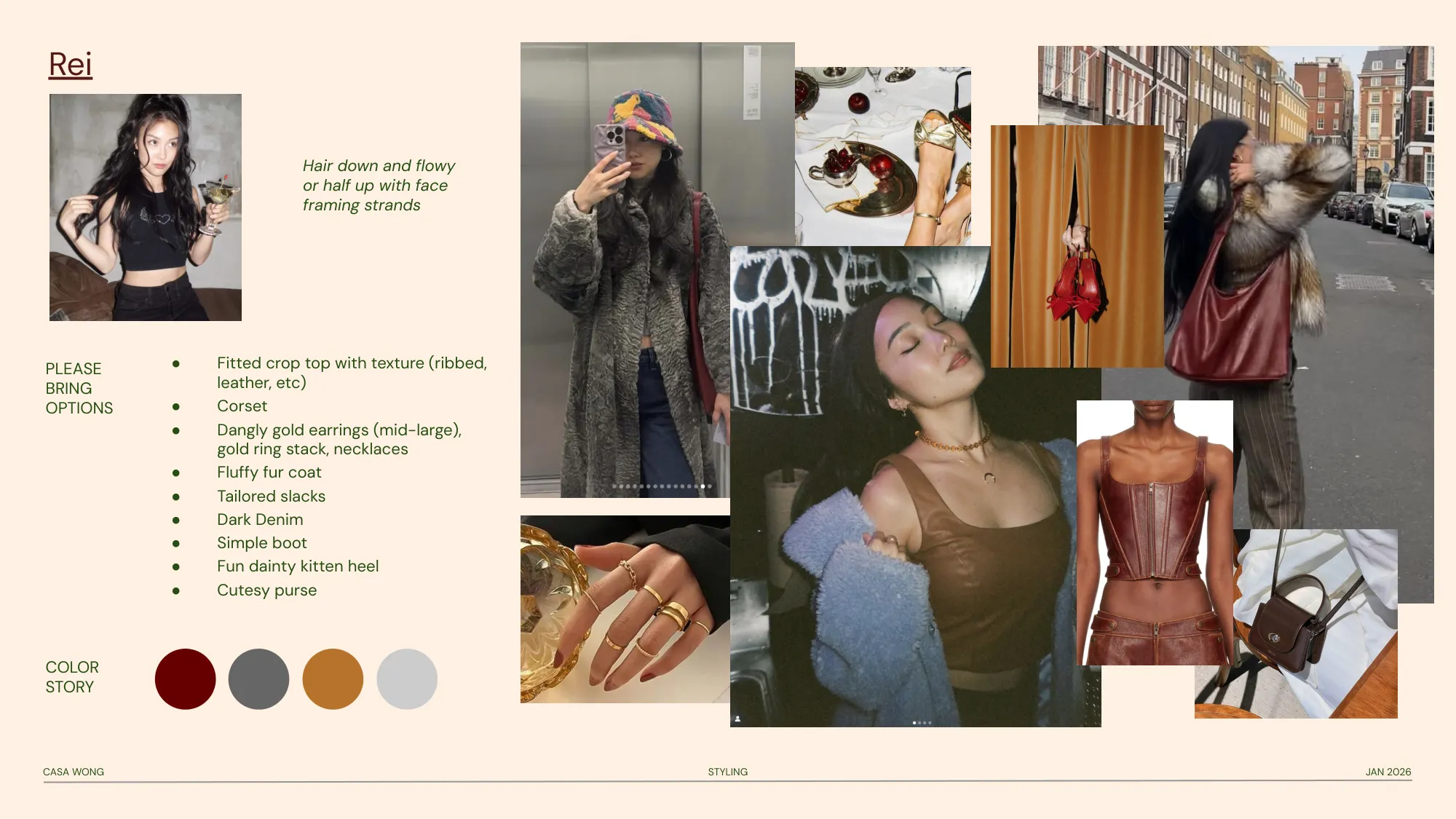 Per talent styling spec with bring options, hair direction, and a color story